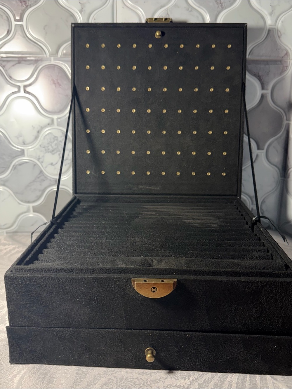 Black Men's Jewelry Storage Case with Ring Slots and Earring Panel